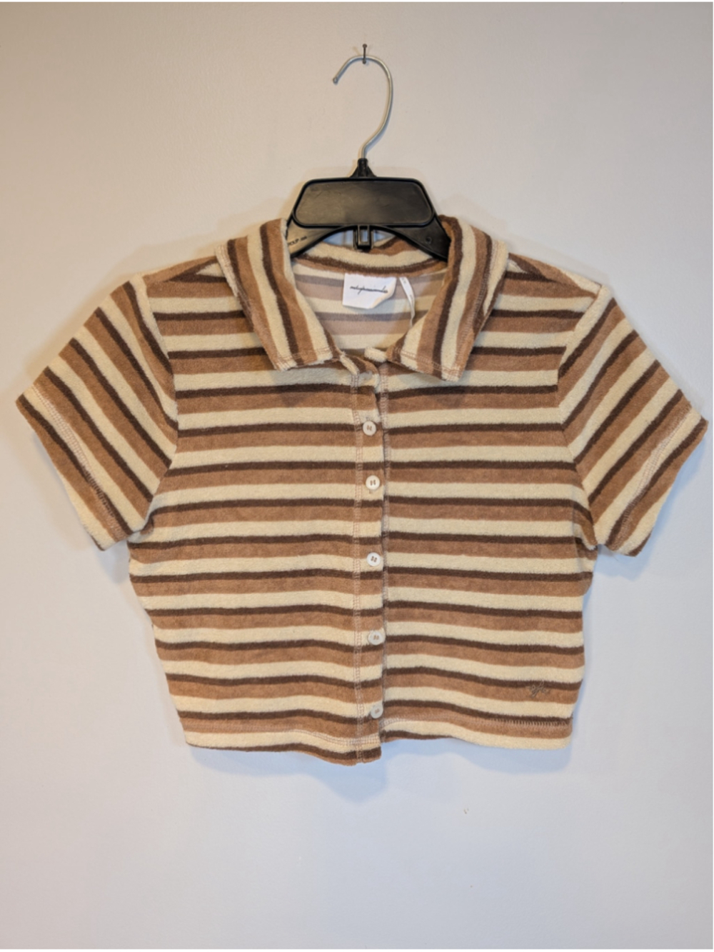 Urban Outfitters Terry Cloth Striped Polo Top Cropped Brown Tan Medium M